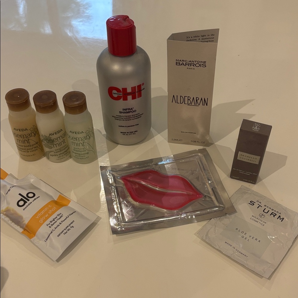 CHI Infra Shampoo & many travel size of brands like Sturm, Bruno Cucinelli,Aveda